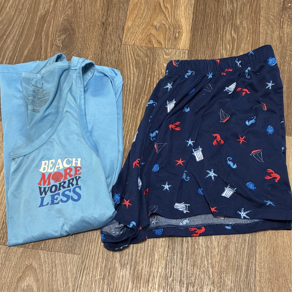 Beach-Theme Pajama Set - Light Blue & Navy